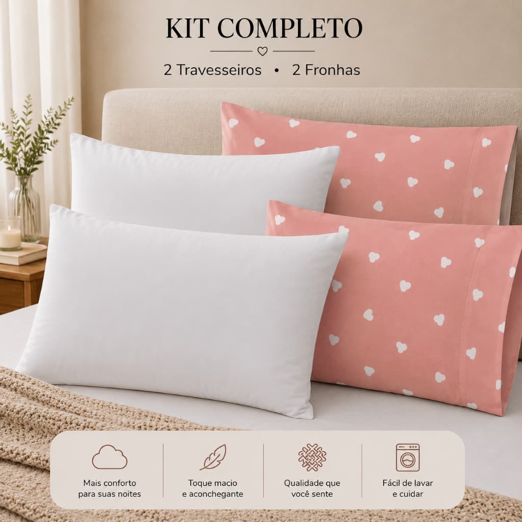 Kit Travesseiro + Par de Fronhas Ponto Palito 400 fios
