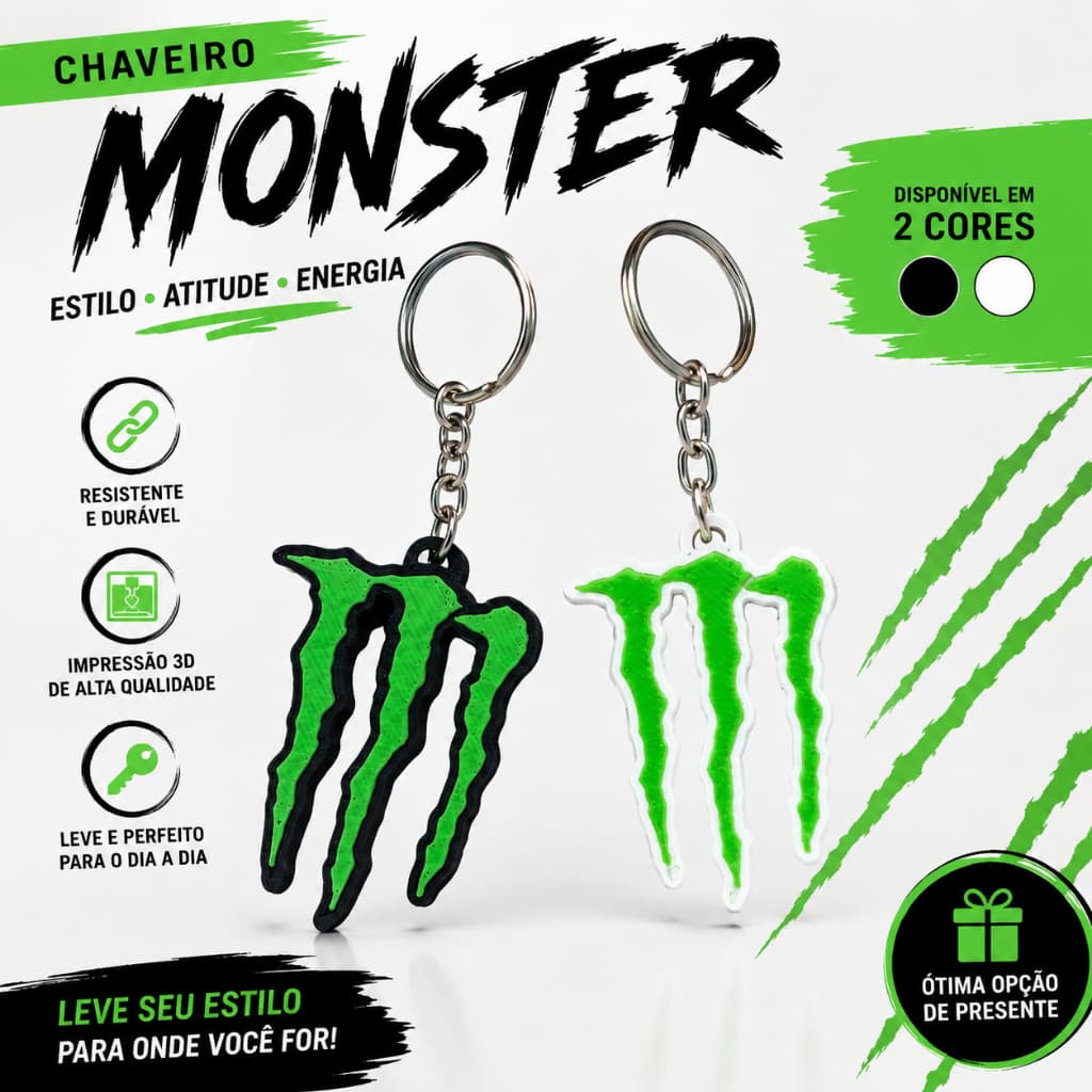 Chaveiro Estilo Monster 3D Disponível em Preto e Branco