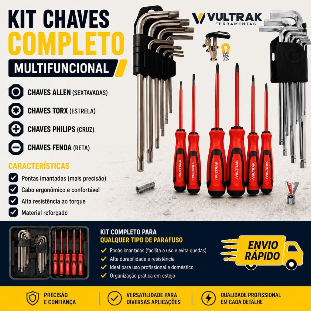 Kit Chave Allen Torx Fenda Philips Profissional Grande Eletricista Conjunto Multiuso Imantada extra longas
