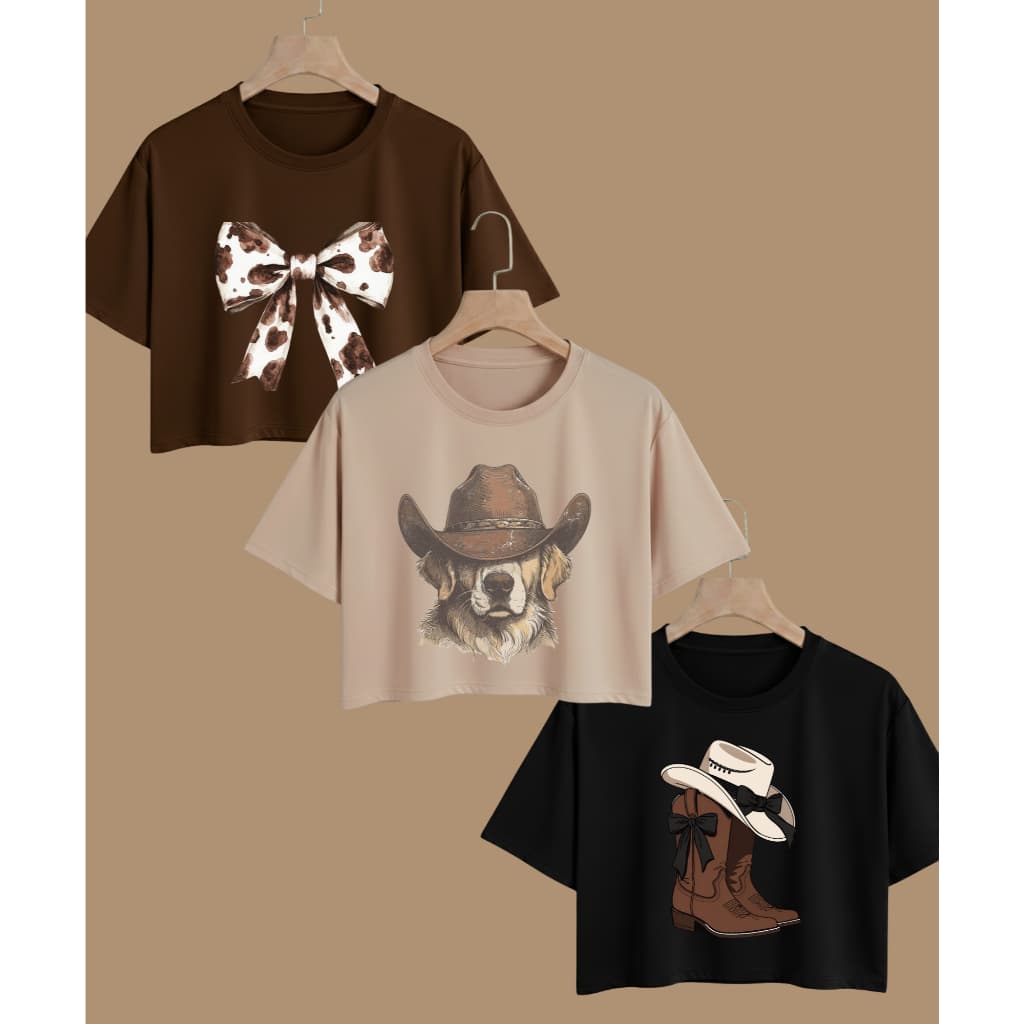 Kit 3 Cropped Camiseta Country Laço Bota Cachorro de Chapéu 100% Algodão - Lançamento
