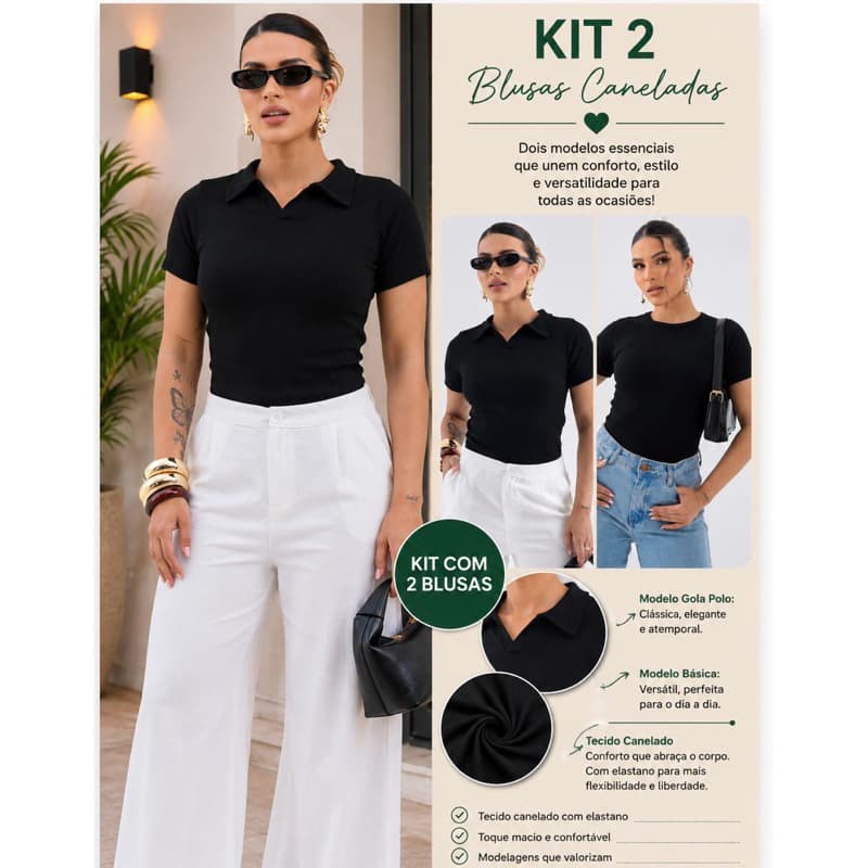 Kit 2 Blusas Femininas Caneladas com Elastano – Manga Curta Básica + Gola Polo