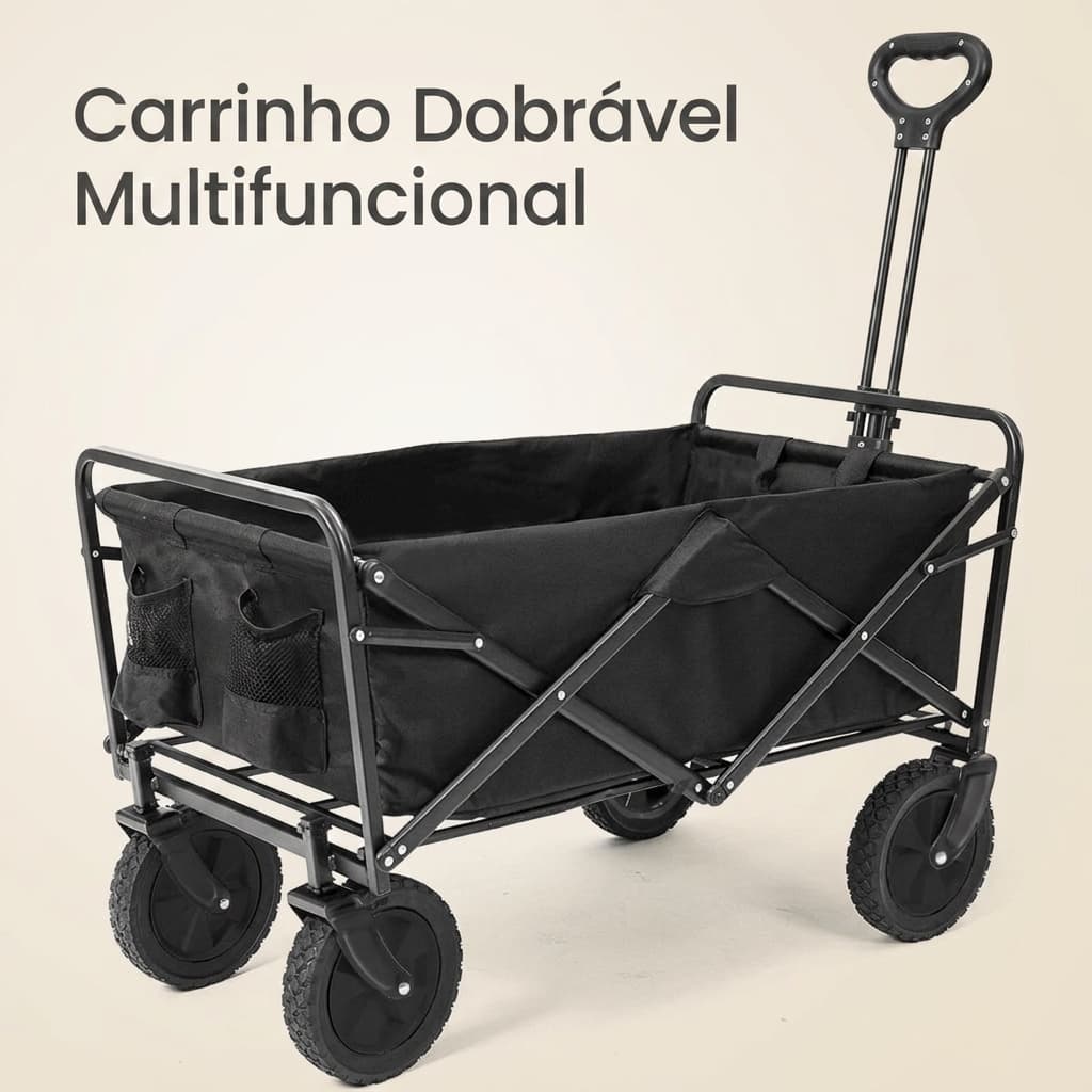 Carrinho Multiuso 100kg Dobrável Portátil Rodas Grossas Praia Camping Eventos Feira Compras