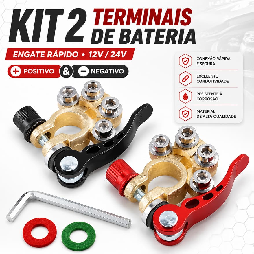 Kit 2 Terminais Conectores de Bateria Automotiva Engate Rápido 12V 24V Positivo e Negativo