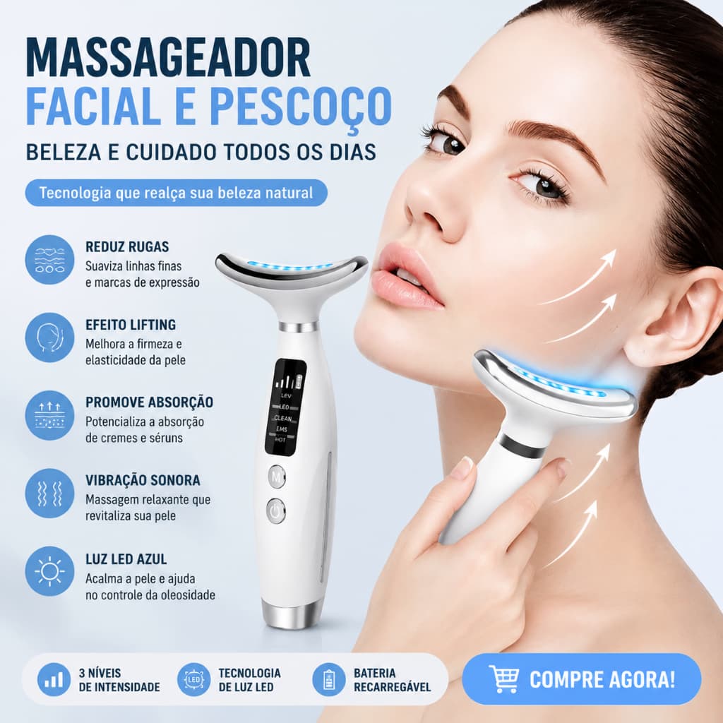 Massageador Facial e para Pescoço LED 7 Cores Recarregável para Firmeza da Pele