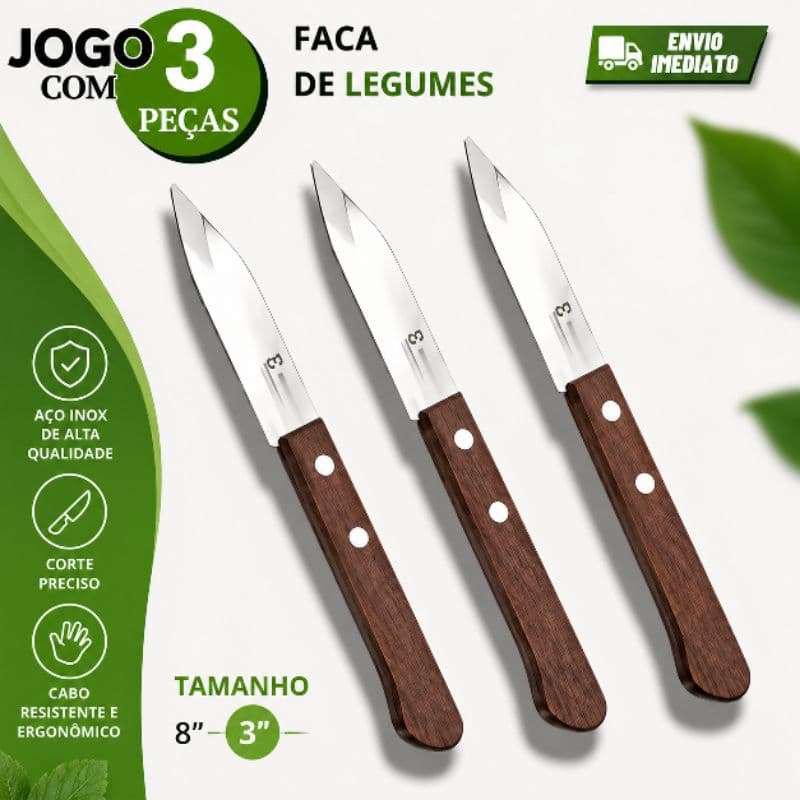 Faca Legumes Faquinha até 3 Unidades Aço Inox Cabo de Madeira Profissional para legumes e Frutas.