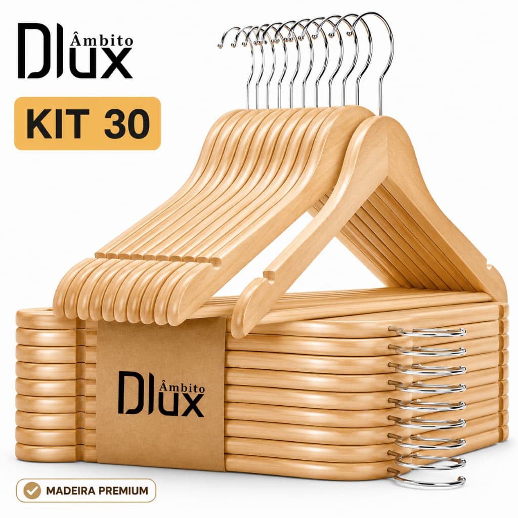 Ambito Dlux Kit 20/30 Cabides de Madeira Para Roupas Marfim Premium com Gancho Cromado Adulto 44CM