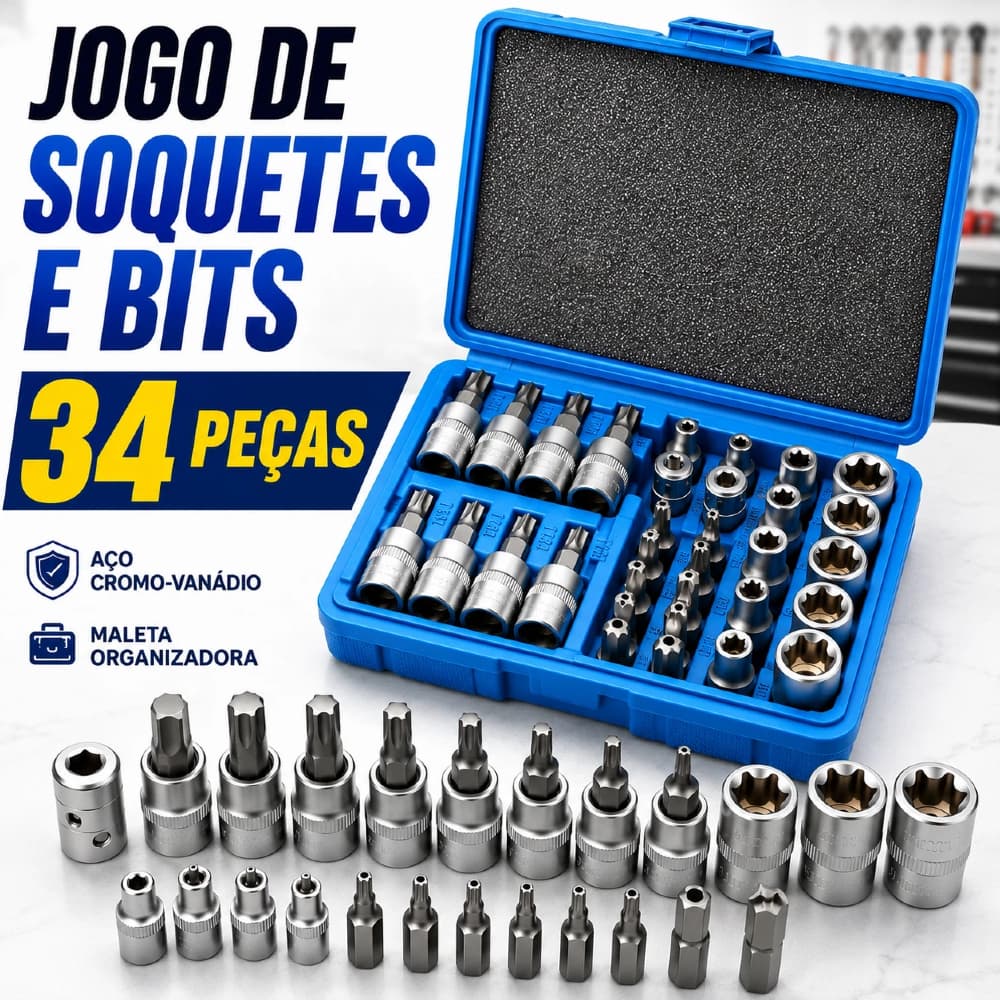 Kit 34 Peças Soquetes aço cromo vanádio Macho Femea 3/8 com Azul caixa Ferramenta Manual Segura para Perfuração