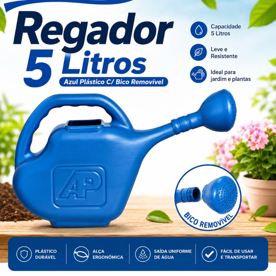 Regador 5 Litros Azul Plástico C/ Bico Removível