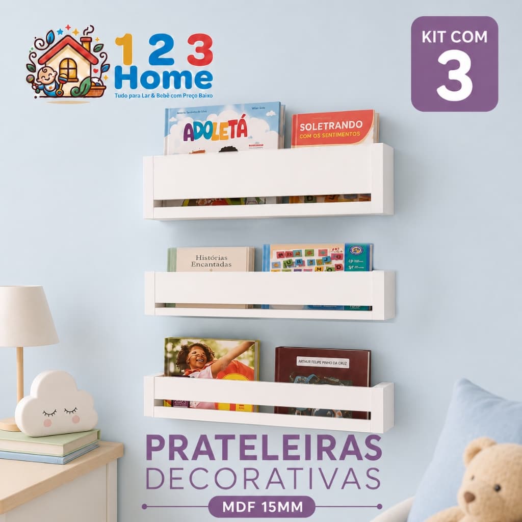 Kit 3 Prateleiras Decorativas de Parede em MDF Branco – Nichos para Sala, Quarto, Cozinha e Escritório