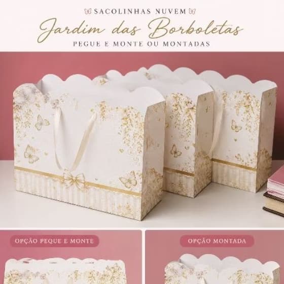 **Sacolinha Personalizada Nuvem Jardim  Das Borboletas Dourado| Lembrancinha Festa Infantil