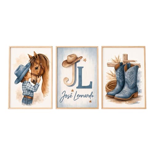 Quadros Decorativos Cowboy Azul Cavalo Nome Personalizado Botas Menino Menina Infantil Criança Fofo