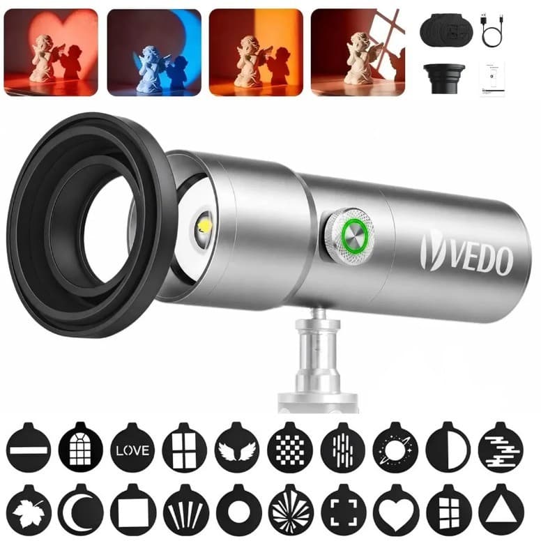 Projetor de Luz Vedo 10W com 20 Gobos, Cores RGB e Zoom Ajustável para Vídeo e Foto