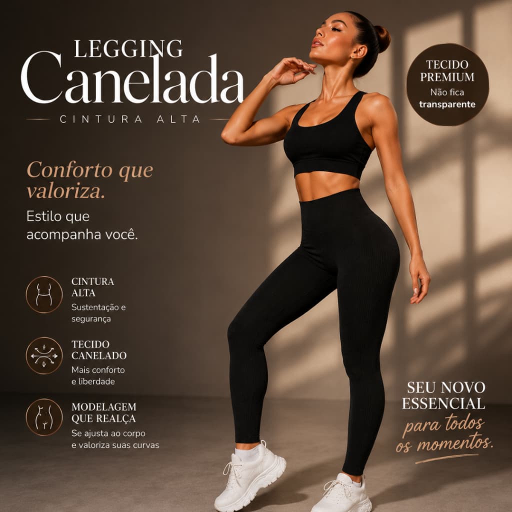 Calça Legging Canelada de Cintura Alta Sem Costura para Academia Feminina, Elástica, Esportiva e Fitness