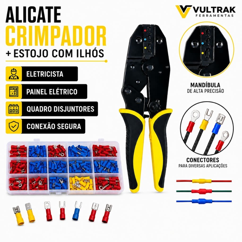 Alicate Crimpar Terminal Kit Completo Olhal Garfo Pino Faston Eletricista Profissional Com Conectores Pré Isolado Seguro