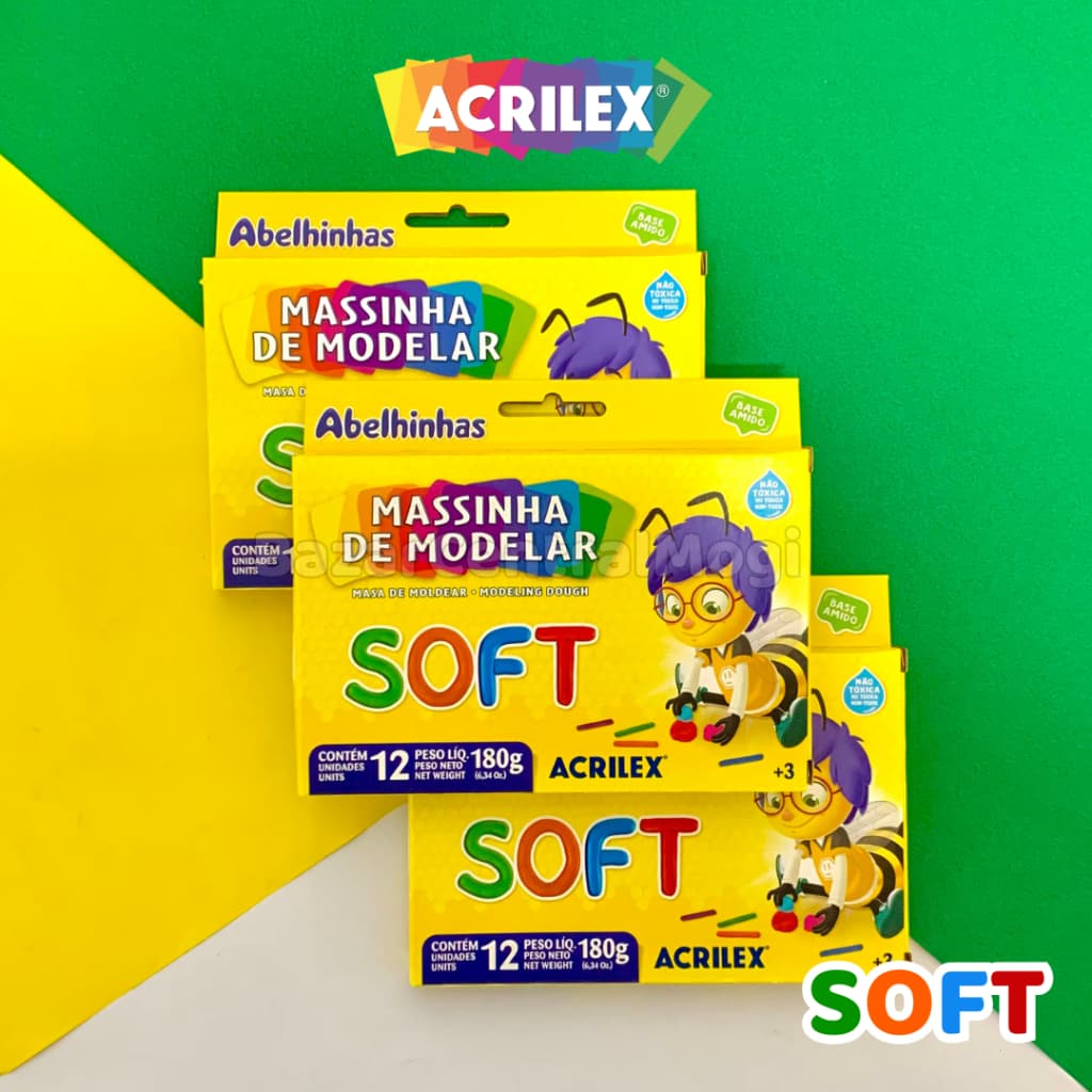Massinha de Modelar Soft 12 Cores Acrilex 180g Abelhinhas - Material Escolar