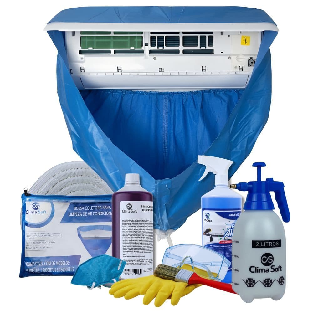 Kit Limpeza Ar Condicionado Bolsa Coletora Funil 9 a 18 BTUs + Bactericida + Polish + EPIs + Pulverizador 2L