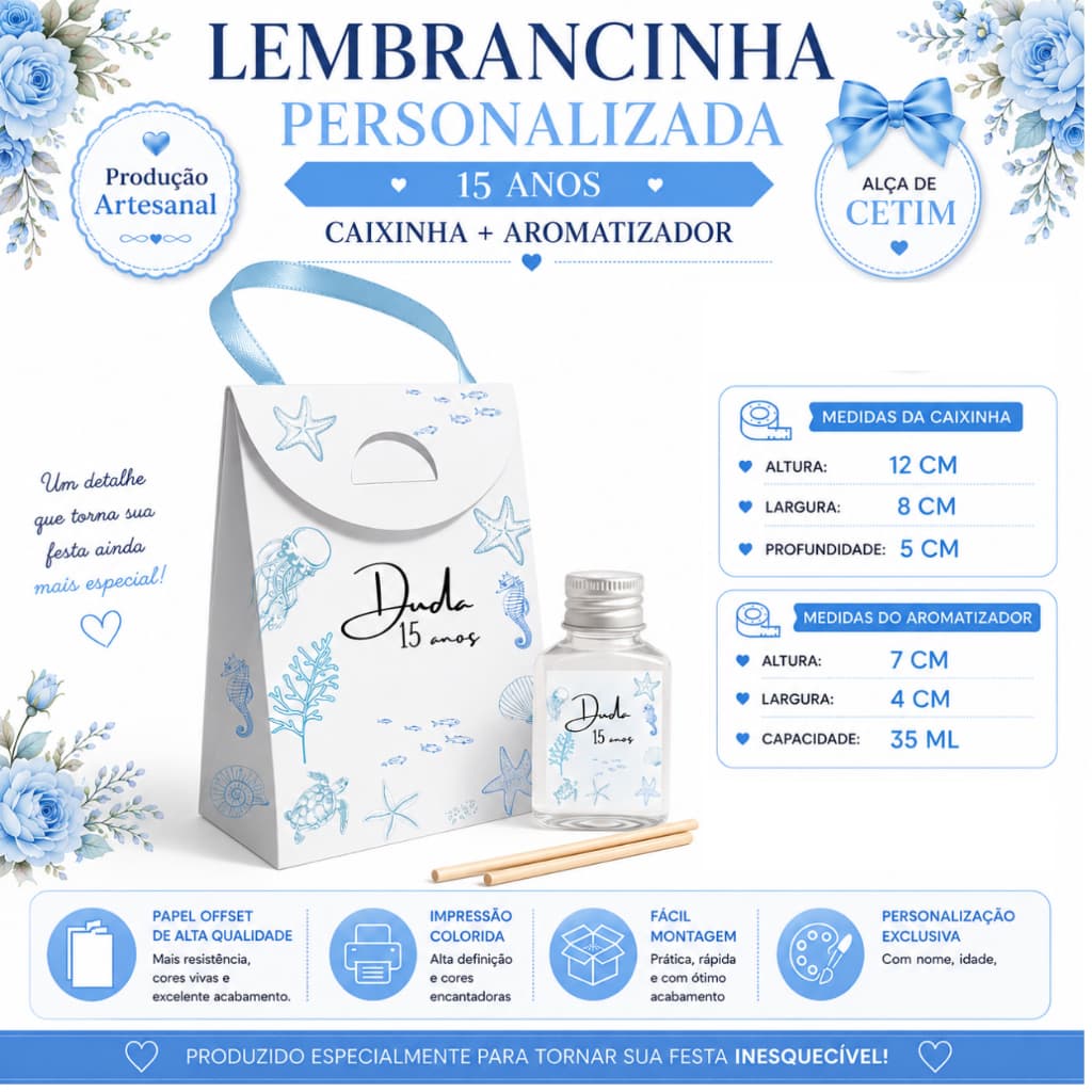 20 Kits Lembrancinha 15 Anos | Caixinha Personalizada com alça de cetim + Aromatizador 35ml ( fundo do mar)