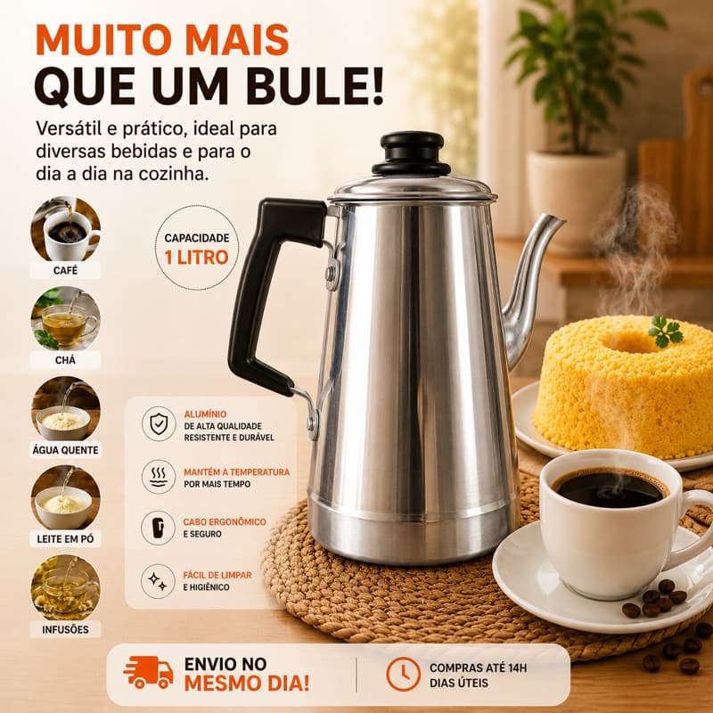 Bule Alumínio 1L Para Café e Chá Resistente Com Tampa Multiuso Reforçado