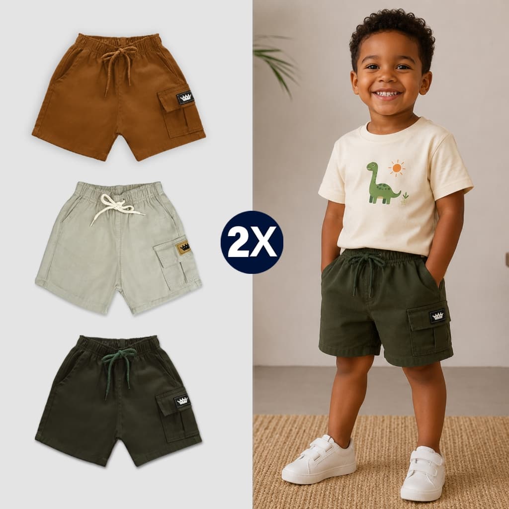Kit 2 Short Cargo Infantil Juvenil Mauricinho Brim Meninos Bermuda 02-16