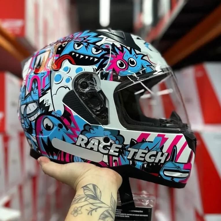 CAPACETE EXCLUSIVO RACE TECH SECTOR MONSTERS COLORIDO AZUL ROSA PROMOÇÃO VISEIRA CRISTAL E COLORIDA