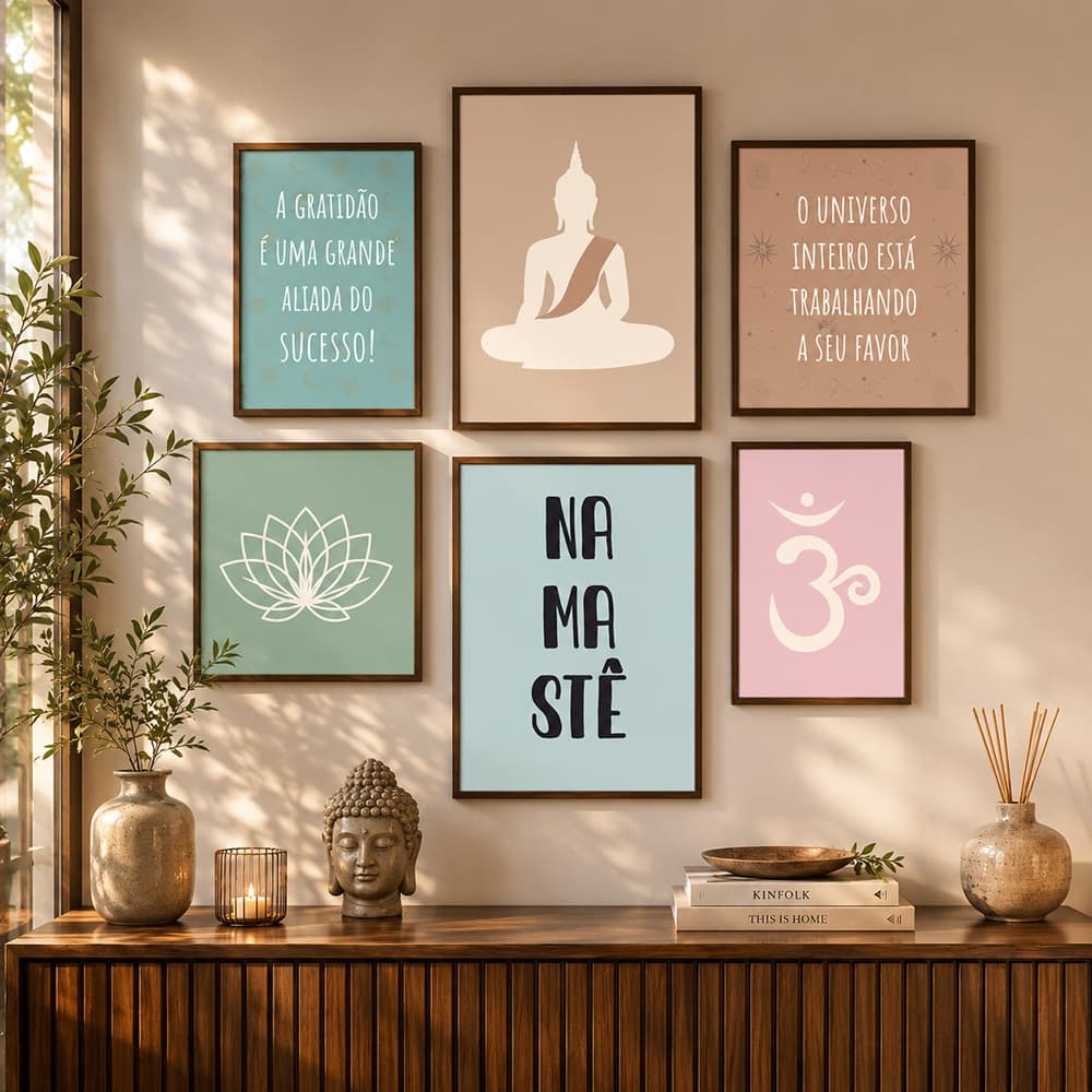 Quadro Decorativo Flor de Lótus Espiritual Zen Kit 6 Peças Com Moldura Decoração Sala Quarto