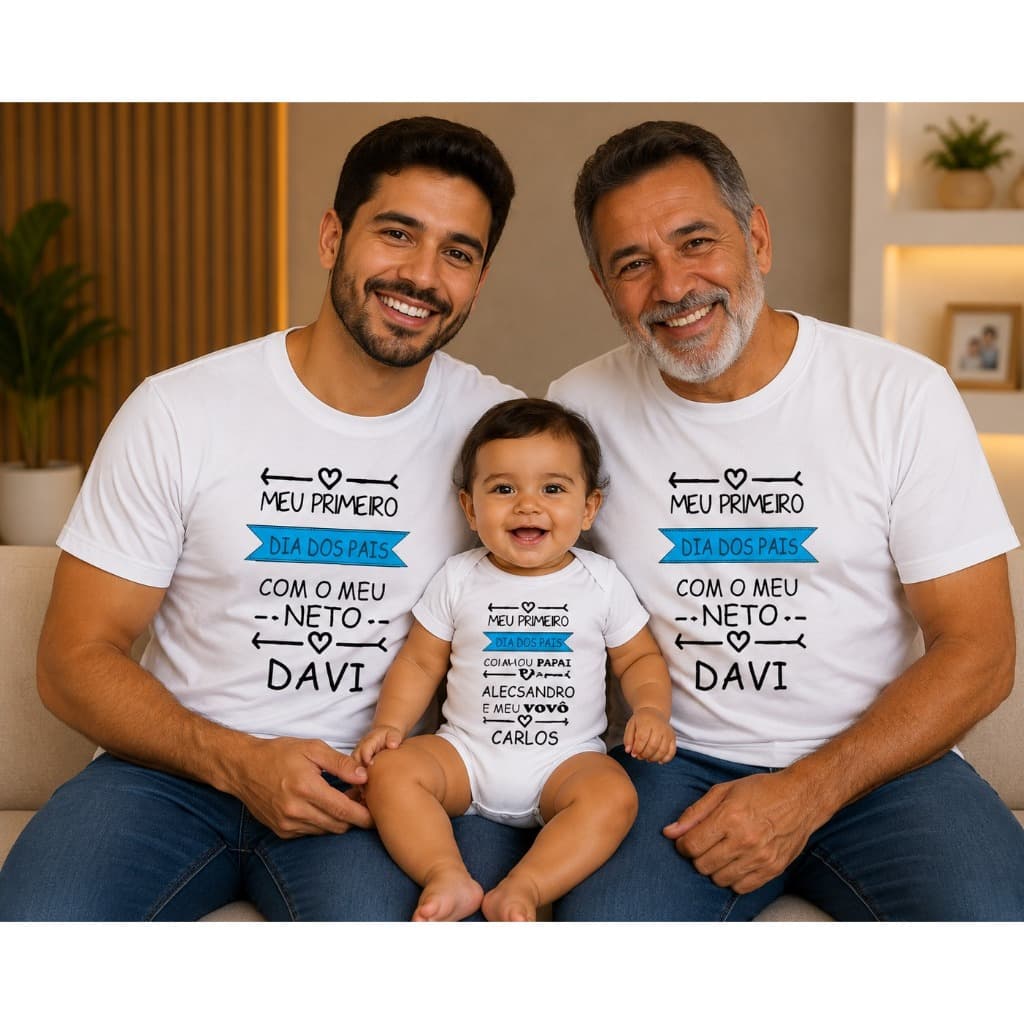 Kit Camiseta Masculina E Body Meu Primeiro Dia Dos Pais Pai Filho e Vovô Personalizado Com Nome Menino ou Menina
