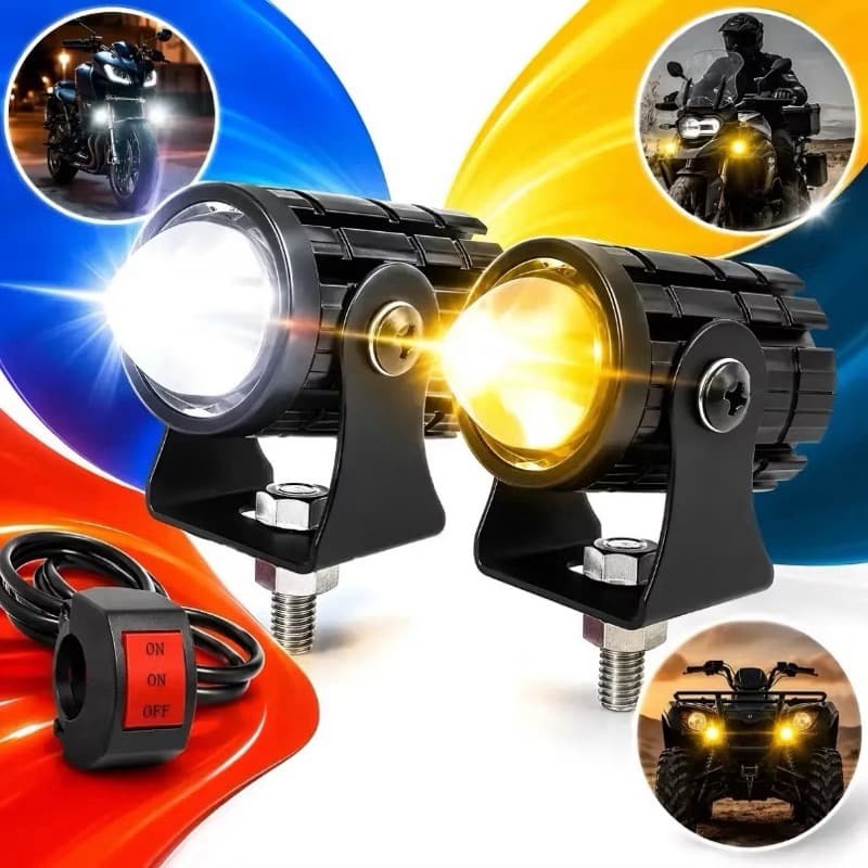 Par Mini Farol LED Milha Moto 20W Luz Branca e Amarela Alta e Baixa com Interruptor Universal