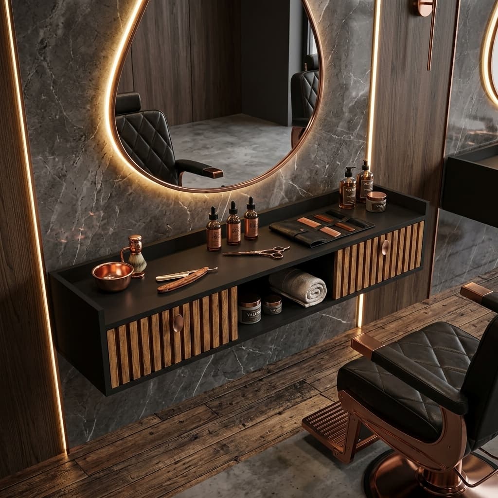 Bancada Suspensa Vegas 90cm Estação para Salão de Beleza e Barbearia com 2 Portas, Nicho e Design Retrô