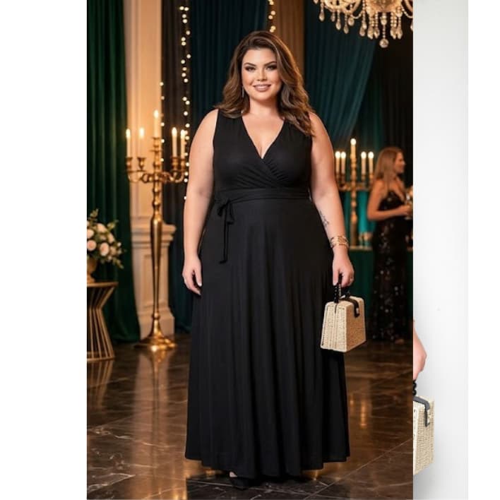 Vestido Plus Size Longo com Fenda  Festa Madrinha Convidada Casamento Sem Manga
