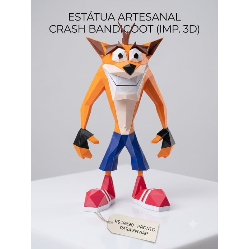 Estátua Crash Bandicoot Low Poly Impressão 3D Colecionável
