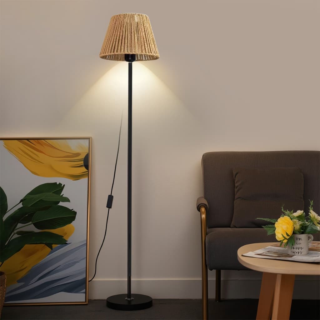 Luminária Chão Abajur Piso Rústico Rattan Palha Sala Quarto C/ Lâmpada LED Dimmer