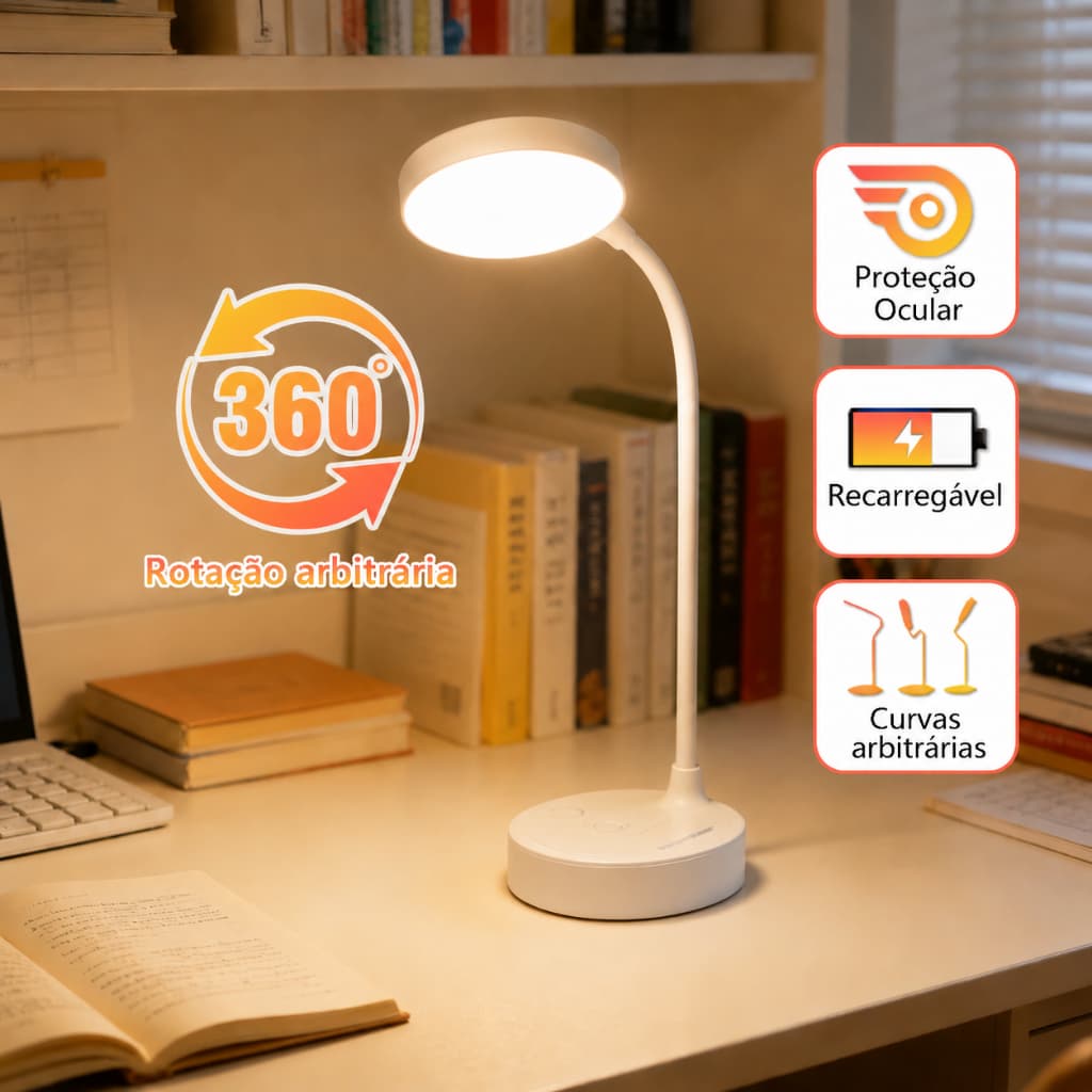 Luminária de Mesa LED Dobrável com Bateria Recarregável 3 Níveis de Luz Flexível para Estudo e Escritório