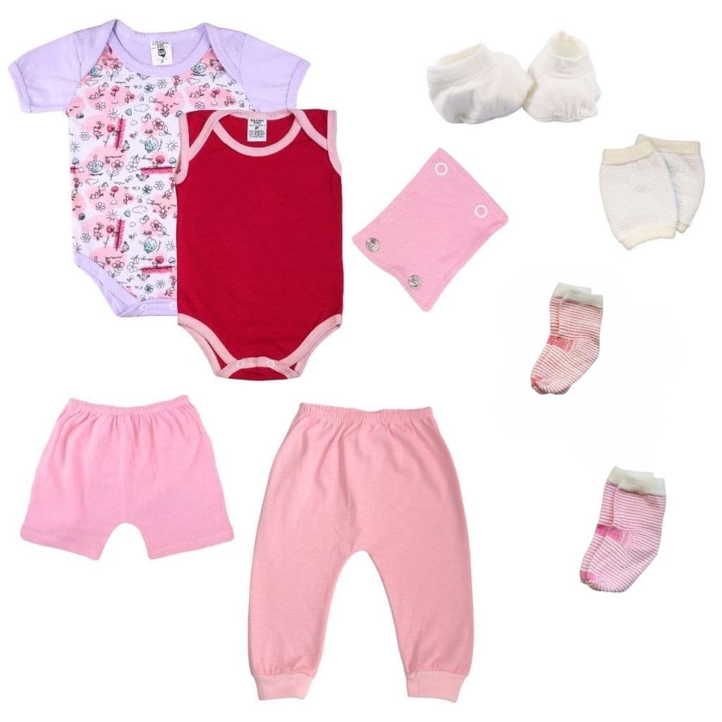 Kit 9 Peças Roupas Bebê Body Mijão Joelheiras Shorts Meias Sapatinho Enxoval Maternidade