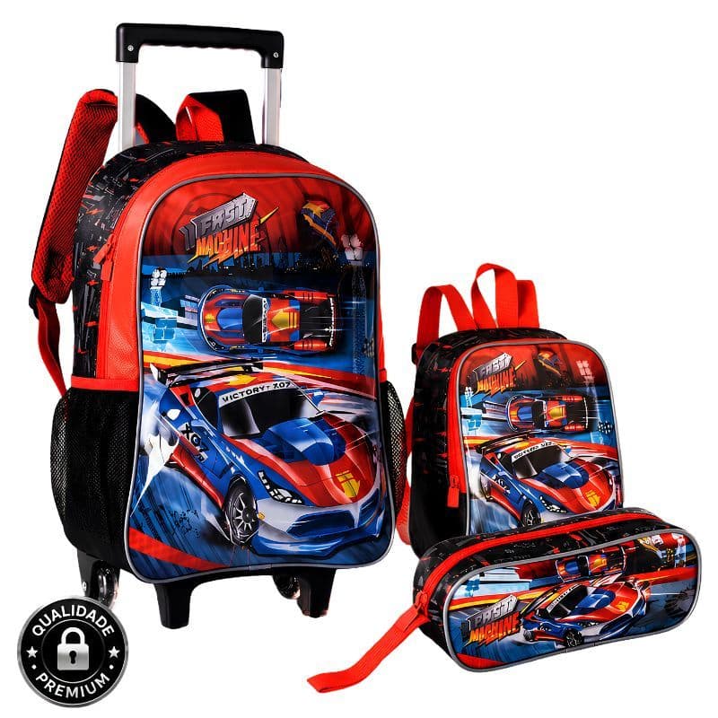 Kit Mochila Escolar de Carrinho G Fast Machine com Lancheira Térmica e Estojo  | Volta ás Aulas