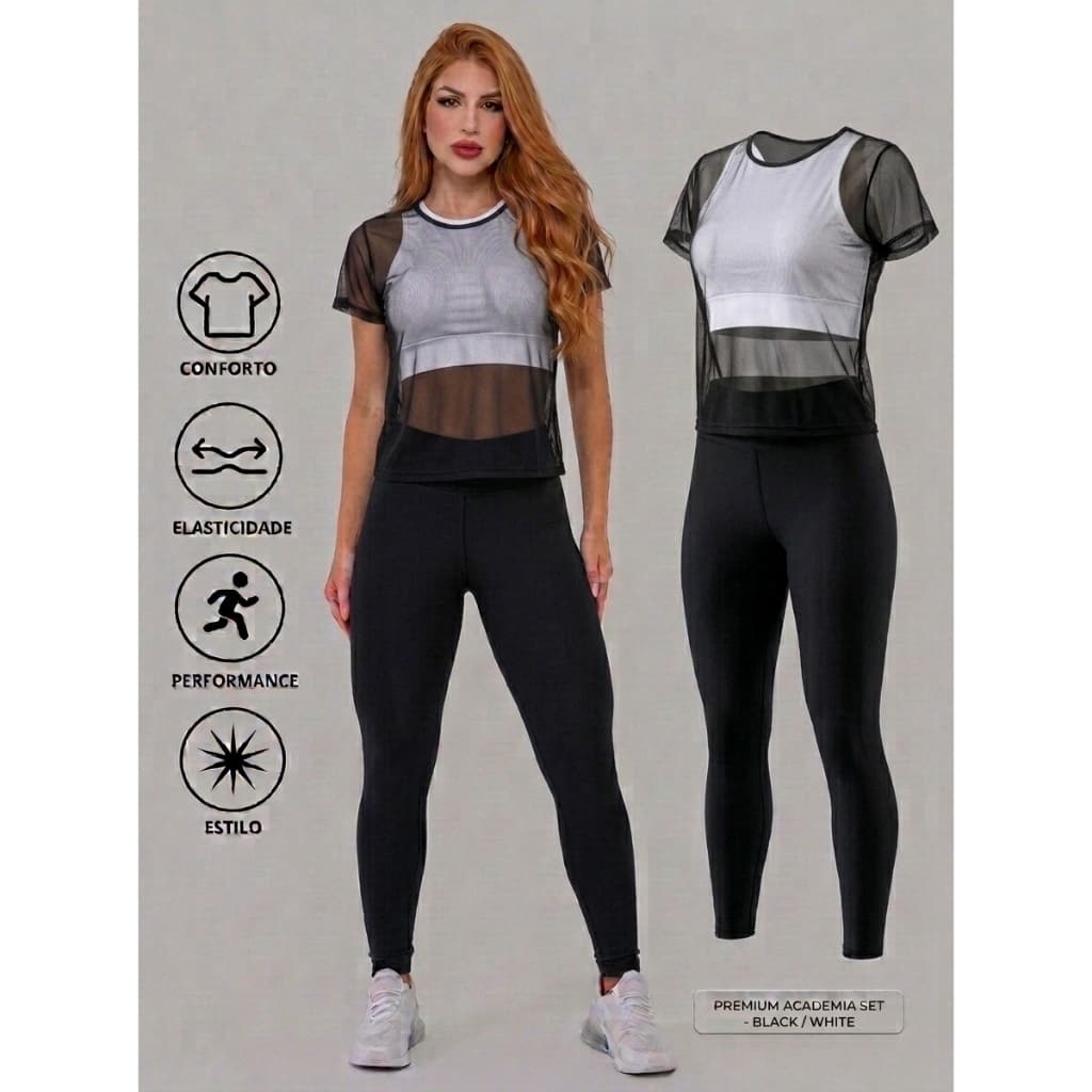 Kit Academia Feminino 3 Peças: Cropped Blackout Regata Suplex + Calça Legging Zero Transparência + Blusa de Tule