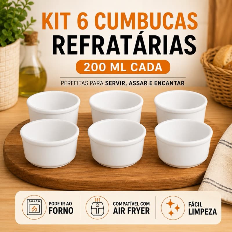 Kit 6 Cumbucas Bowl Tigela Refrataria 200 ml Branca Ideal para Molhos e Patês
