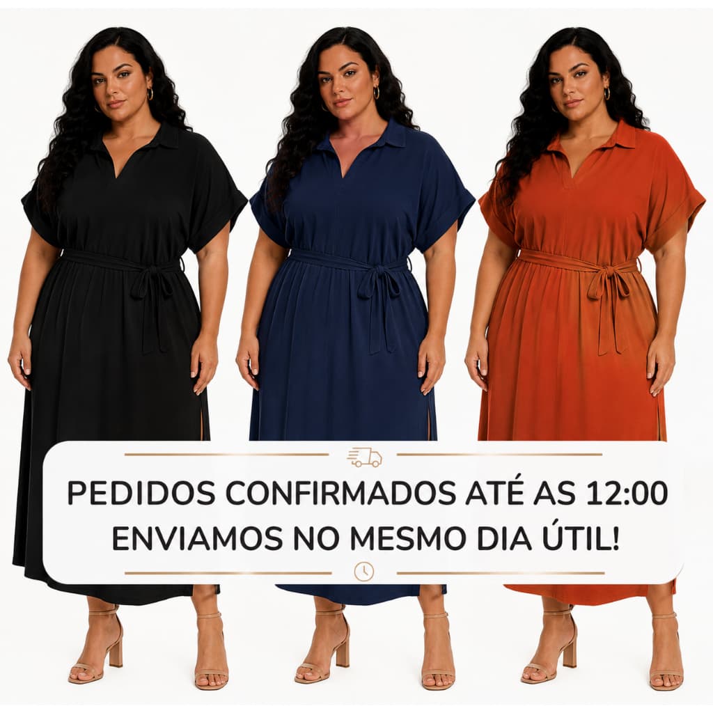 Vestido Midi Plus Size Feminino Chemise Com Faixa Gola V Moda Evangélica Casual Social