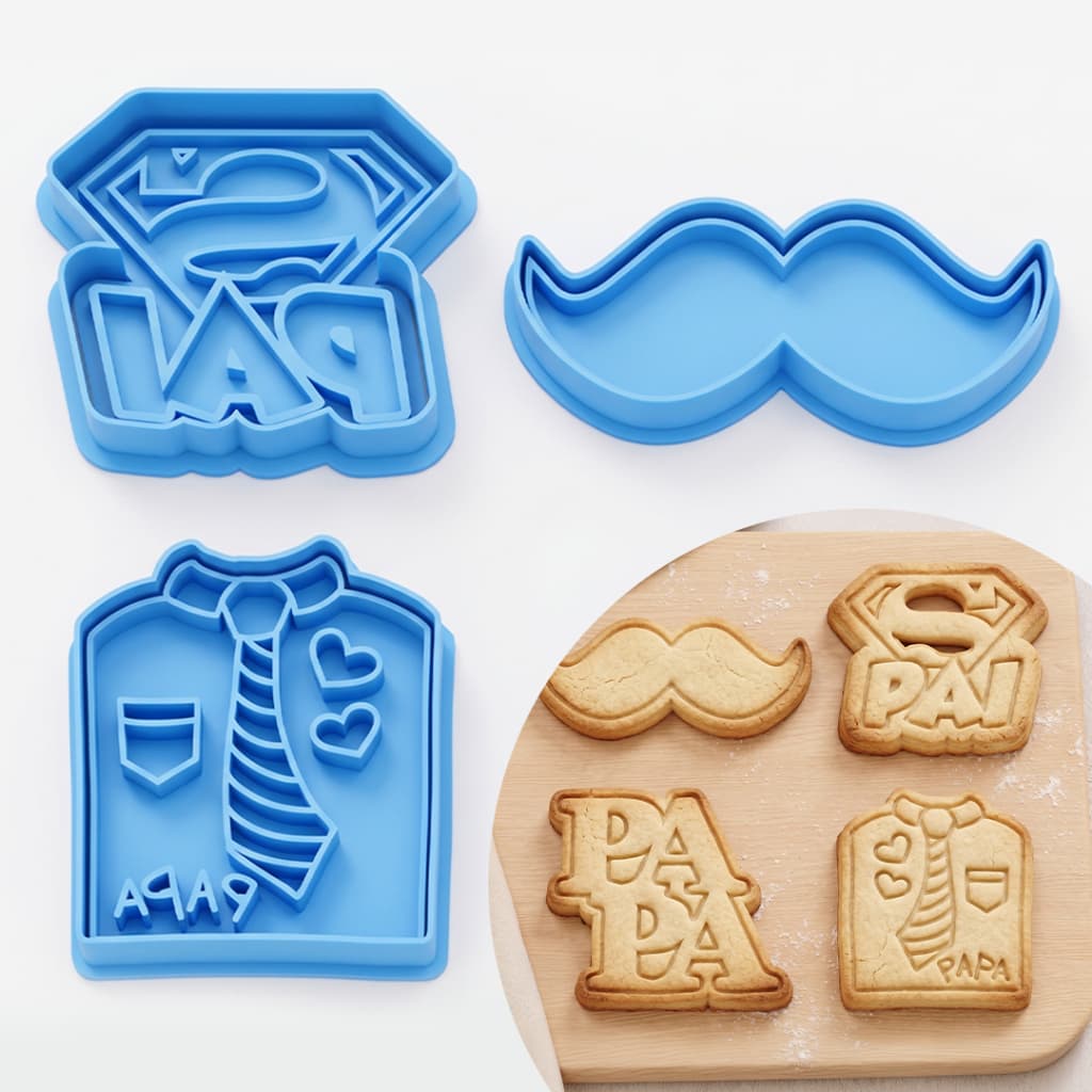 Kit Cortadores Dia dos Pais para Biscoito - 4 Peças Confeitaria - Carimbo biscoito cerâmica fria
