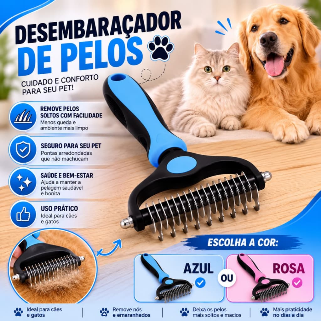 Escova Desembolador de Pelos Desembaraçador Profissional Pet Removedor de Nós Escova para Cães e Gatos Azul Rosa