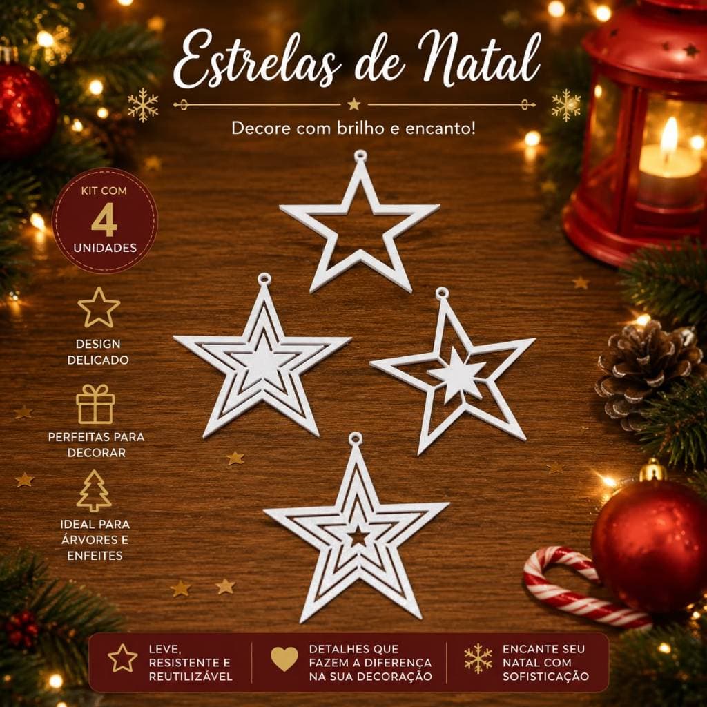 Kit com 4 Estrelas de Natal Decorativas – Enfeites para Árvore Natalina