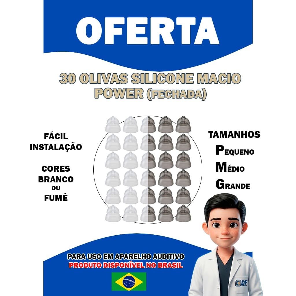 Pacote Com 30 Olivas Silicone Power ( Fechada ) para Aparelho Auditivo P M G