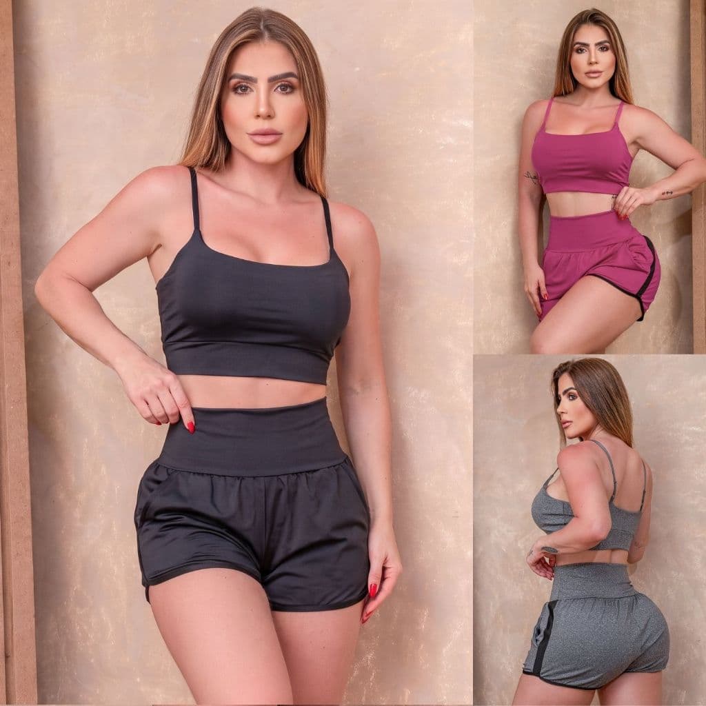 Conjunto Fitness Academia Treino Top Conforto Bojo Removível Short Modelador Cintura Alta Com Bolsos