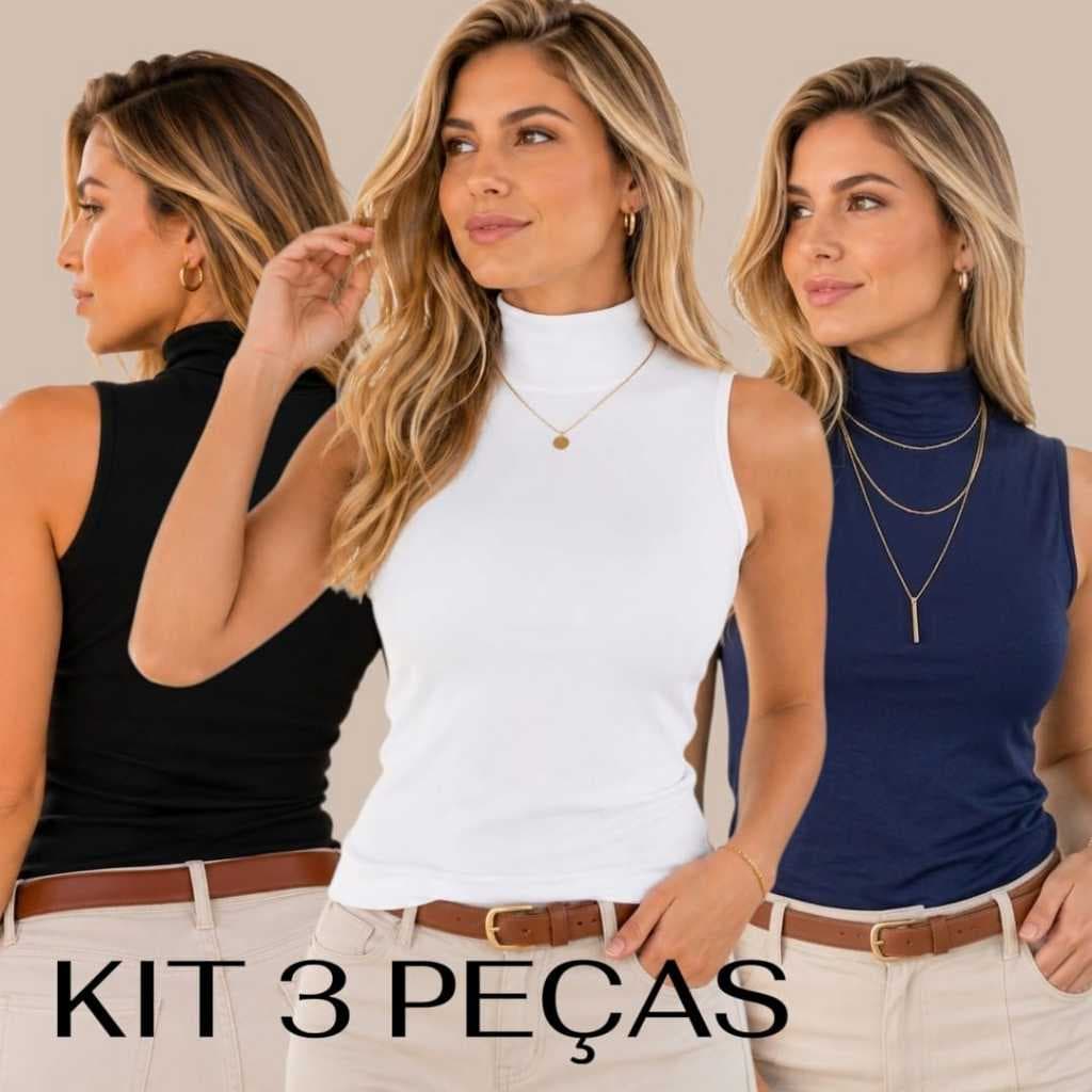Kit 3 Blusa Feminina Regata Gola Alta Blusinha Básica Casual Inverno/verão Segunda Pele Viscolycra