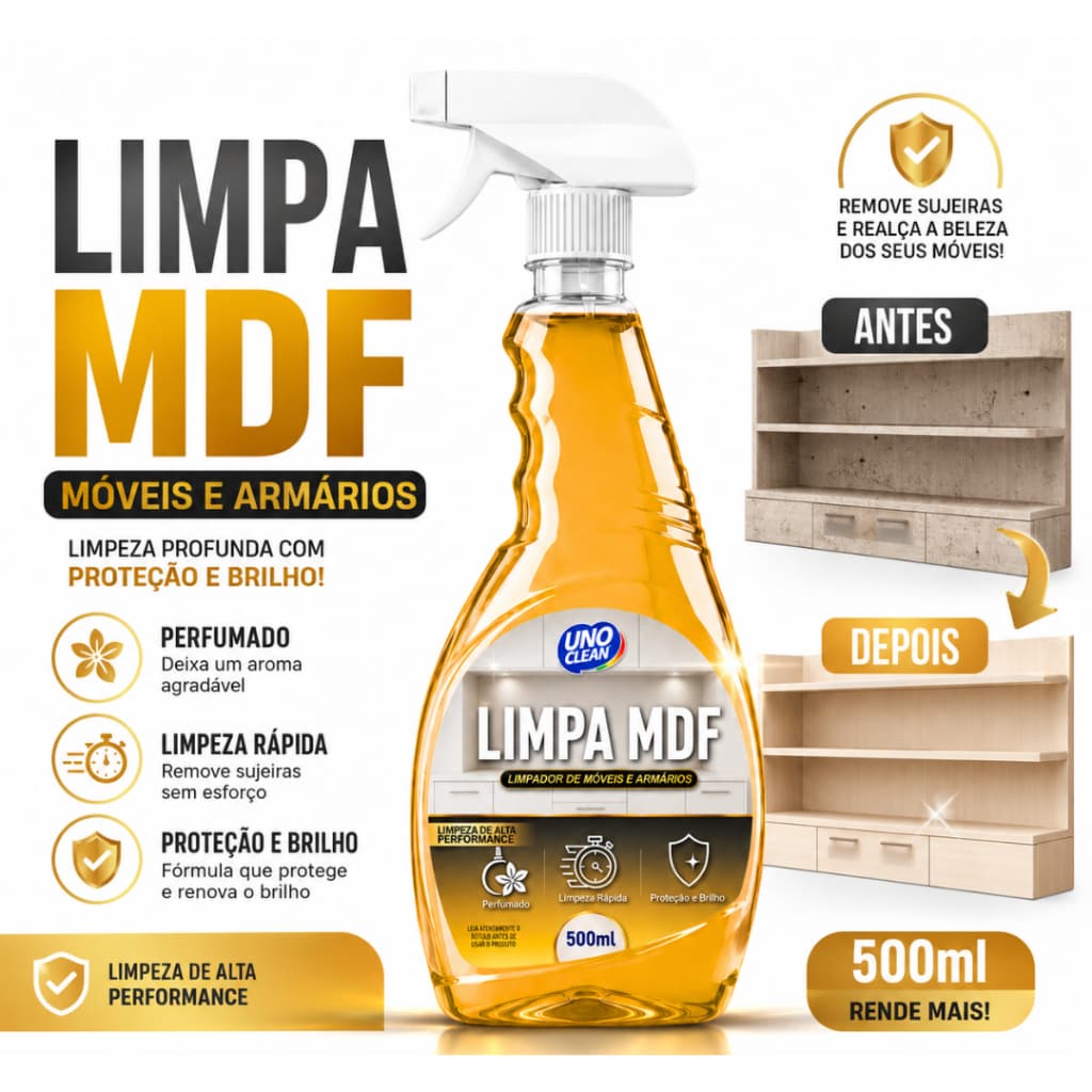 Limpa MDF 500ML Perfumado Lustra Moveis Planejado Armário Sala Cozinha Racks Guarda Roupa Não Danifica Remove Gordura