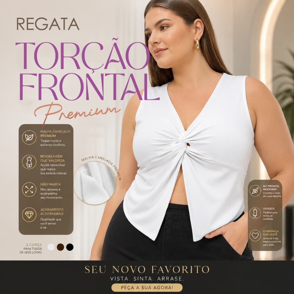 Blusa Feminina Torção Frontal  Regata Canelada Premium Decote V Elegante Casual Confortável