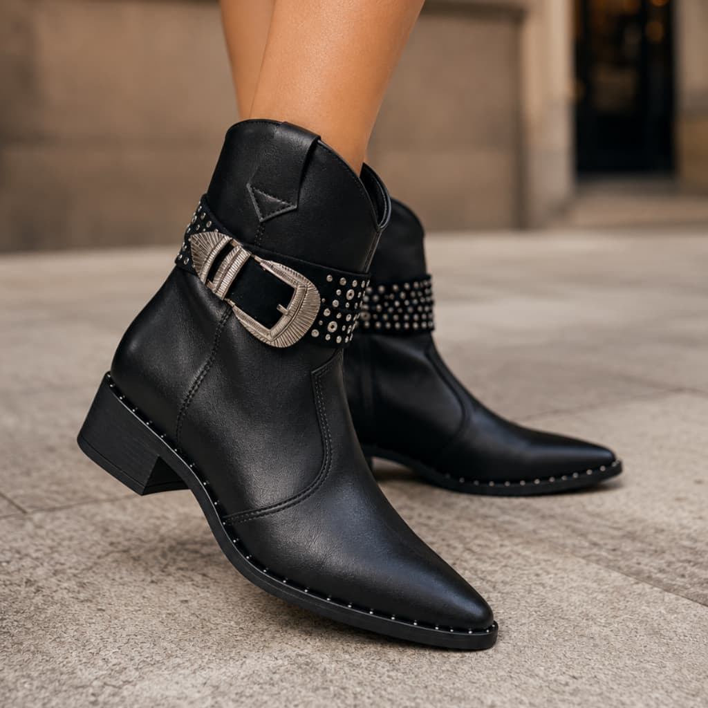 Bota Feminina Beira Rio Original Country Napa Genebra Cano Médio Salto Médio Bloco Detalhes Brilhantes