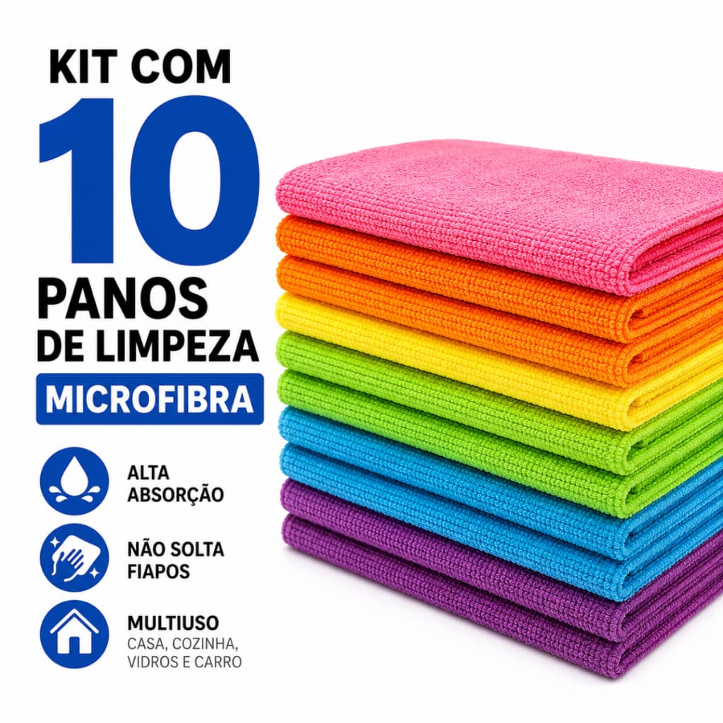 Pano Microfibra Multiuso Kit 10 Unidades Alta Durabilidade e Alta Absorção Medidas 30 x 30 - Envio Imediato !!!