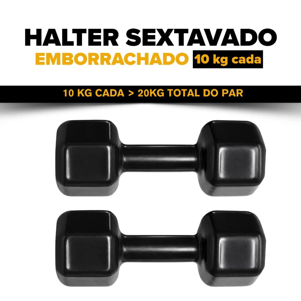 Par de Halter Sextavado Emborrachado 10kg - Qualidade Premium
