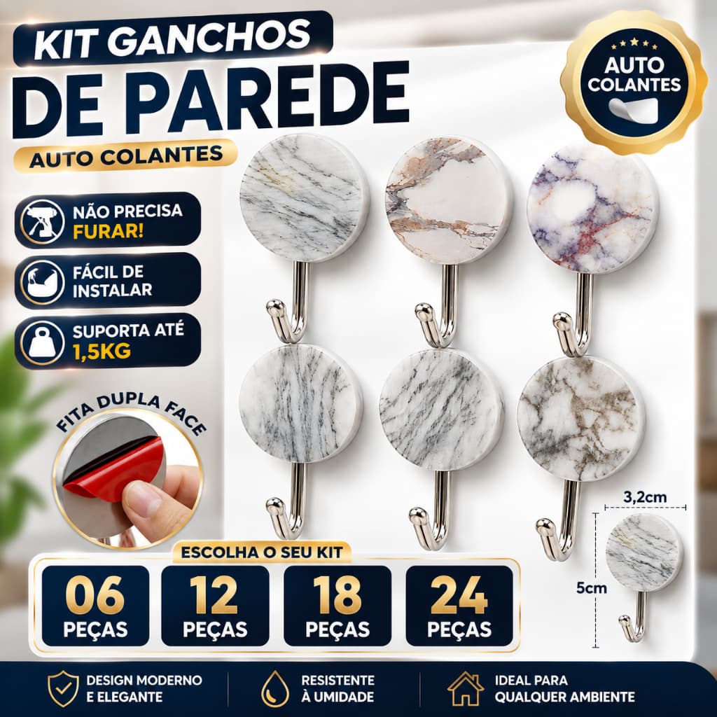 Kit Ganchos Adesivos de Parede Autocolante Sem Furo Gancho Inox Porta Toalha Cozinha Banheiro Suporta 1,5kg