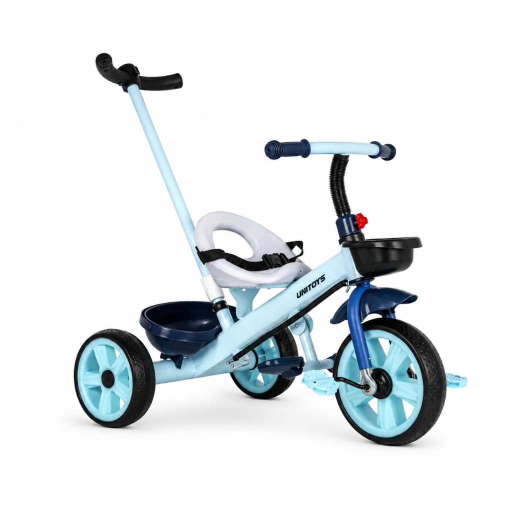 Triciclo Infantil Candy Azul com Empurrador Dirigível, Pedal, Cinto e Cestos 3 Anos